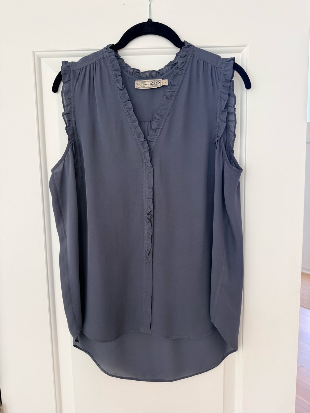 Go Silk Sleeveless Ruffle V-Neck Top in Slate Blue